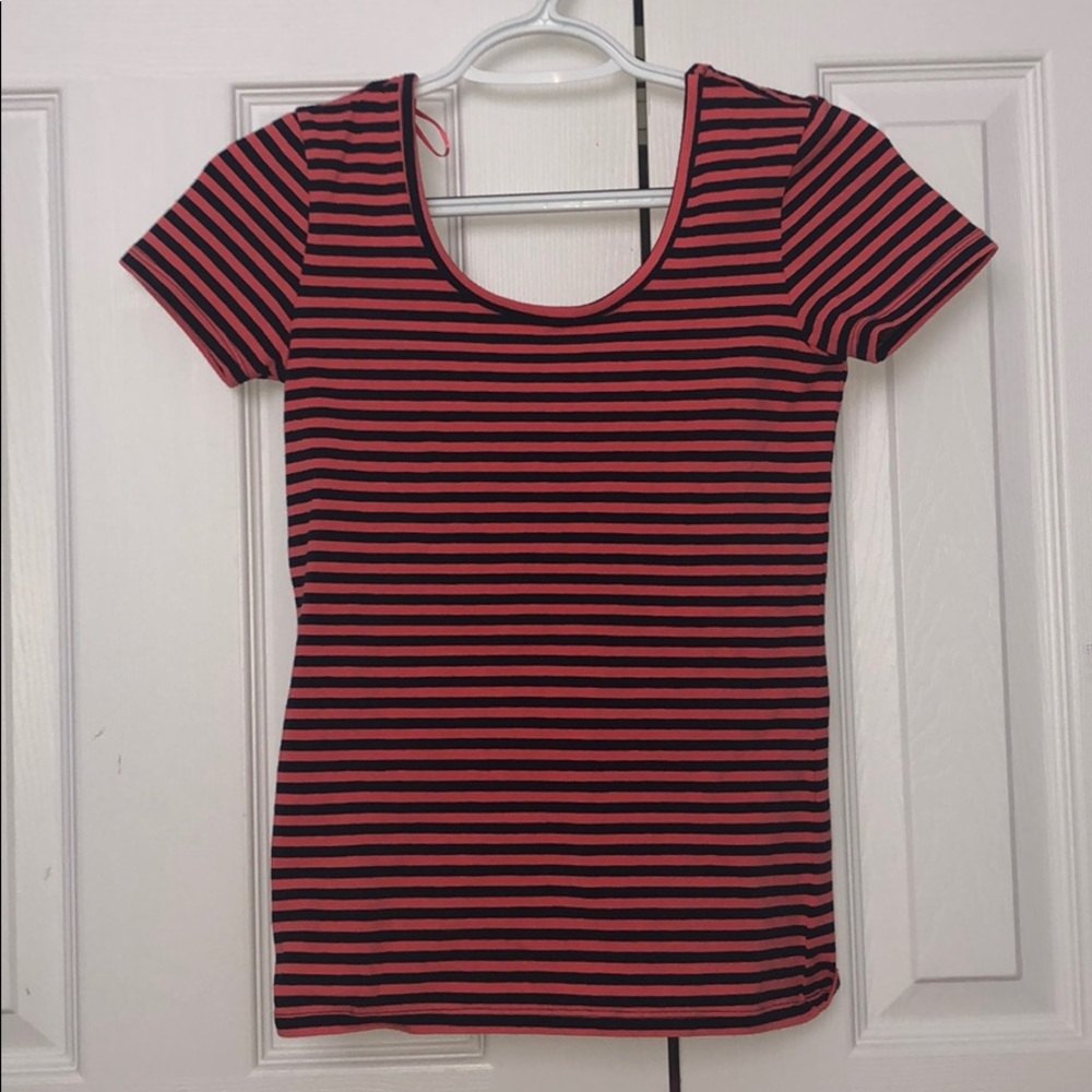 high front low back orange & navy blue striped tee